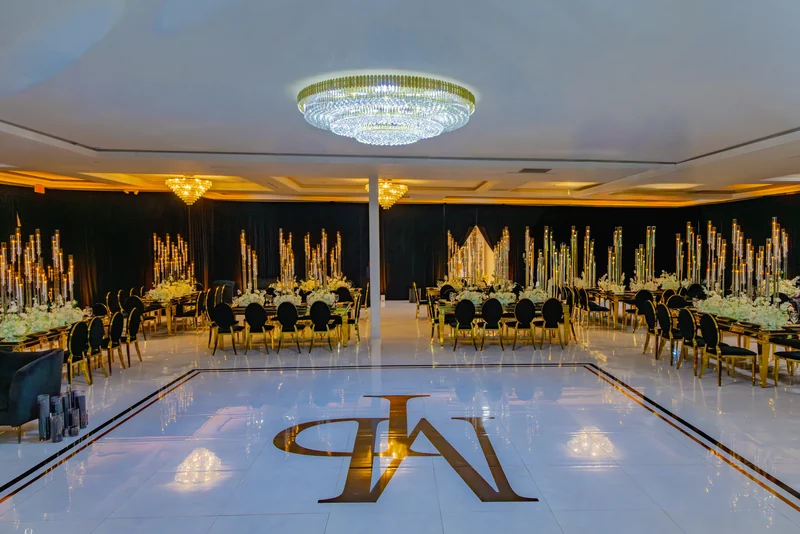 The ballroom dressed for an evening event